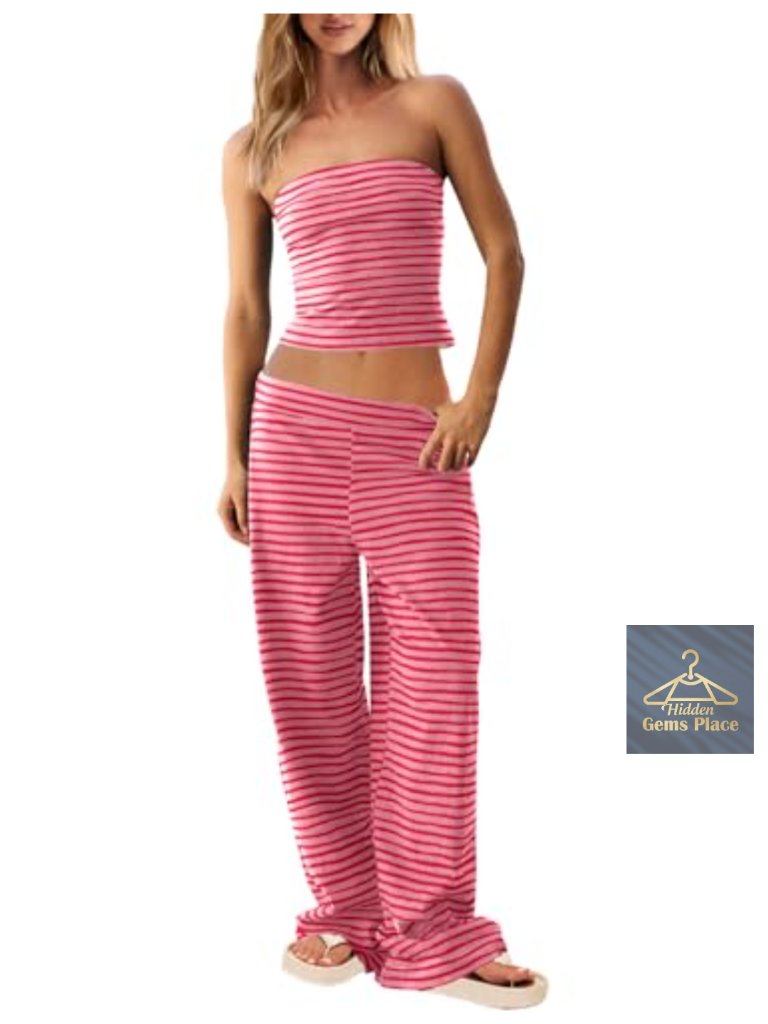 Womens Two Piece Striped Lounge Set Strapless Tube Top And Wide Leg Pant